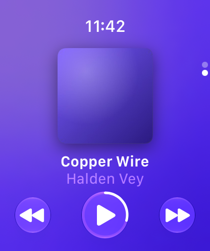 Gumbo Music’s Apple Watch player, showing the Nocturne Drift album cover, Copper Wire by Halden Vey and playback controls.